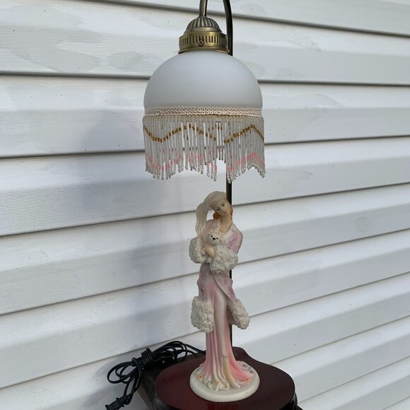 The CROSA Collection Table Lamp Lady with White Dog Beaded Shade Art Deco Style - Picture 1 of 13